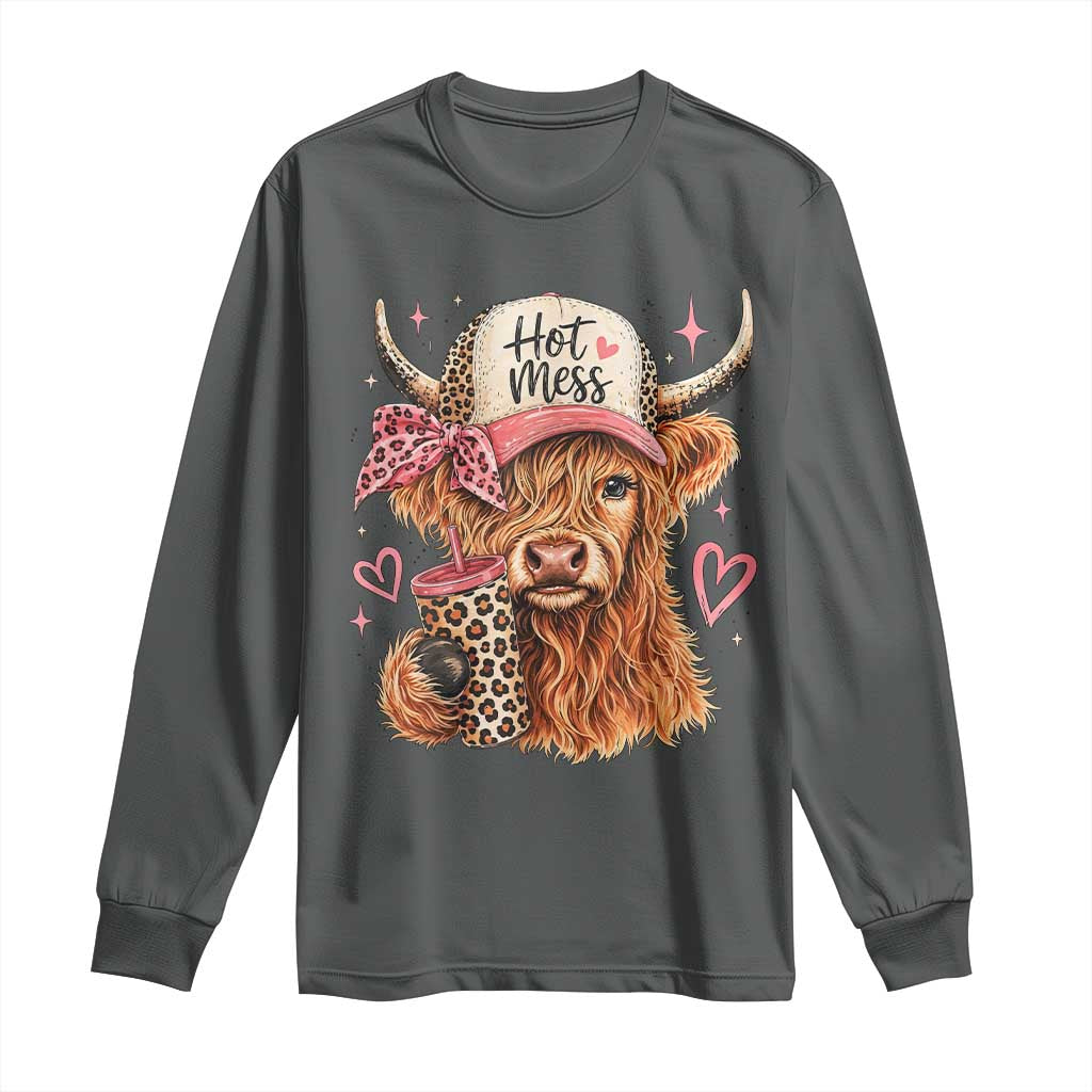 Hot Mess Highland Cow Pink Leopard Coquette Long Sleeve Shirt Cute Western Country Mom Life