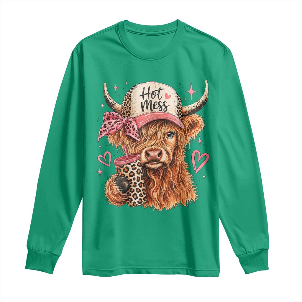 Hot Mess Highland Cow Pink Leopard Coquette Long Sleeve Shirt Cute Western Country Mom Life