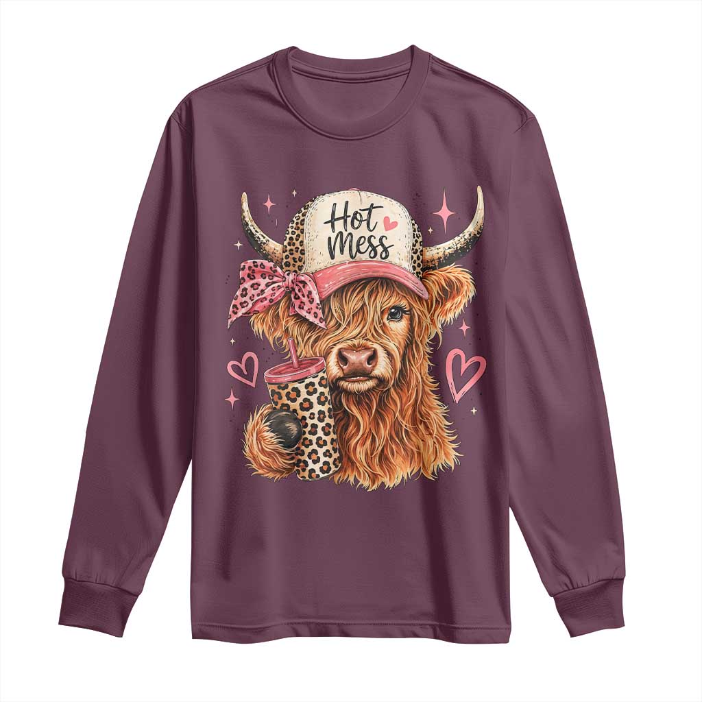 Hot Mess Highland Cow Pink Leopard Coquette Long Sleeve Shirt Cute Western Country Mom Life