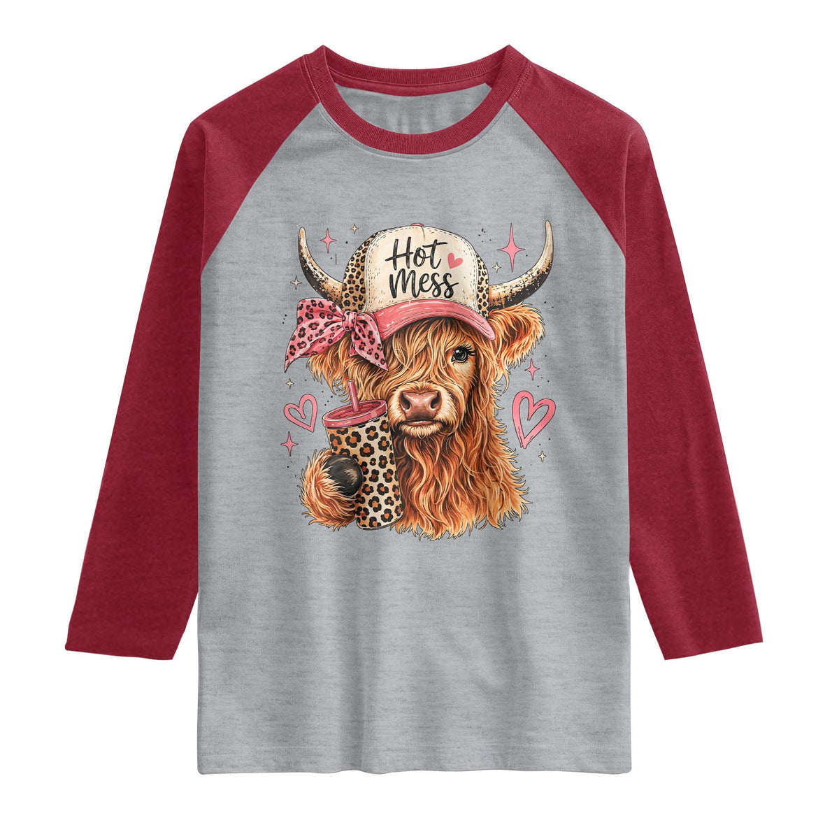 Hot Mess Highland Cow Pink Leopard Coquette Raglan Shirt Cute Western Country Mom Life