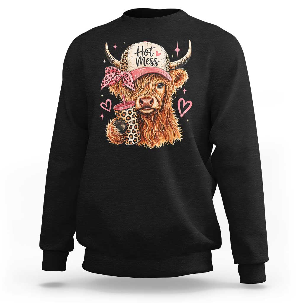 Hot Mess Highland Cow Pink Leopard Coquette Sweatshirt Cute Western Country Mom Life