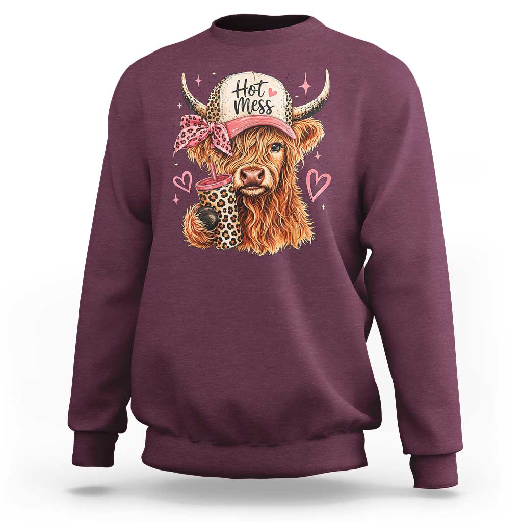 Hot Mess Highland Cow Pink Leopard Coquette Sweatshirt Cute Western Country Mom Life