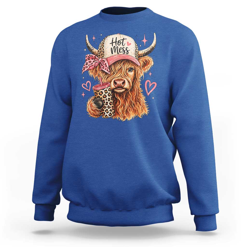 Hot Mess Highland Cow Pink Leopard Coquette Sweatshirt Cute Western Country Mom Life