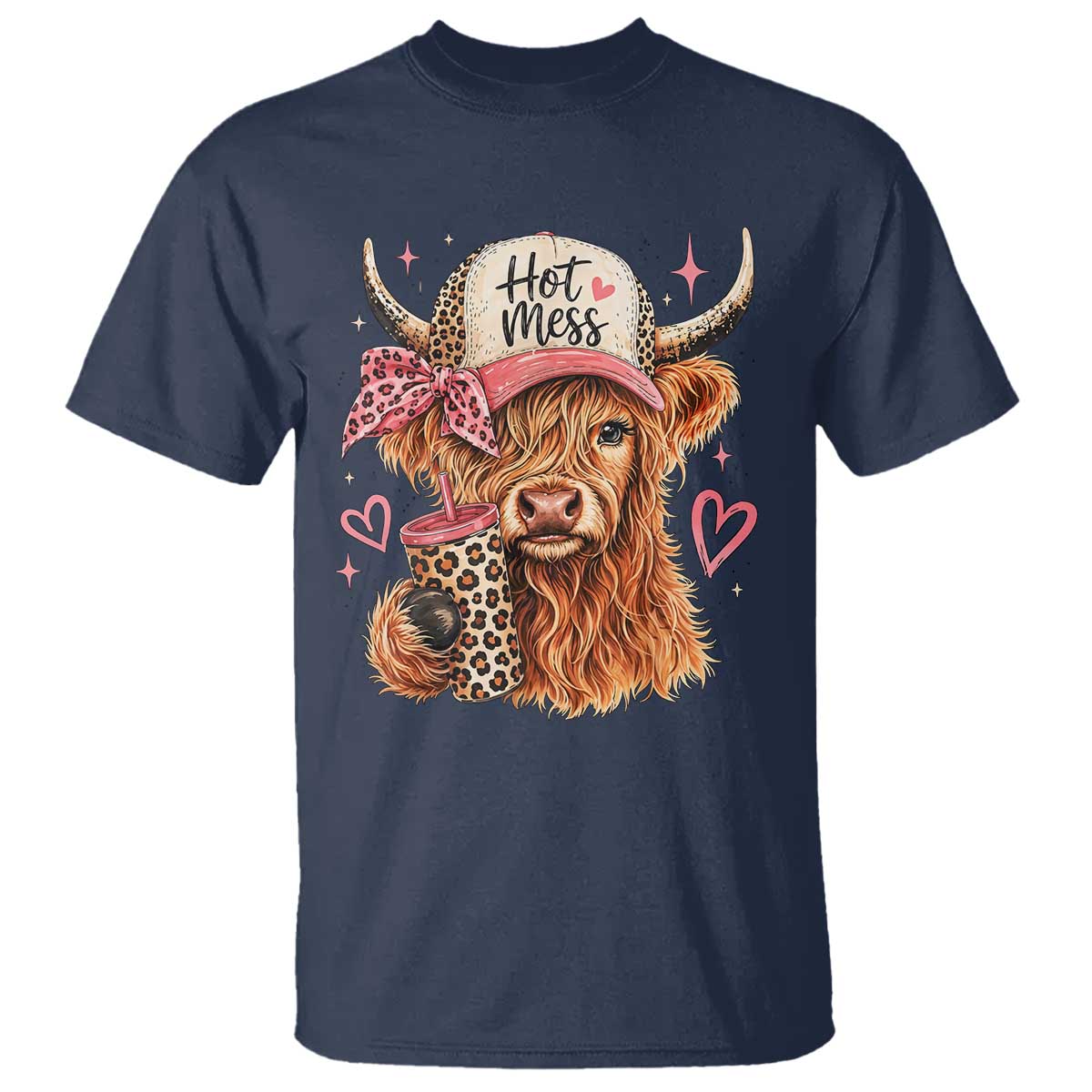 Hot Mess Highland Cow Pink Leopard Coquette T Shirt Cute Western Country Mom Life