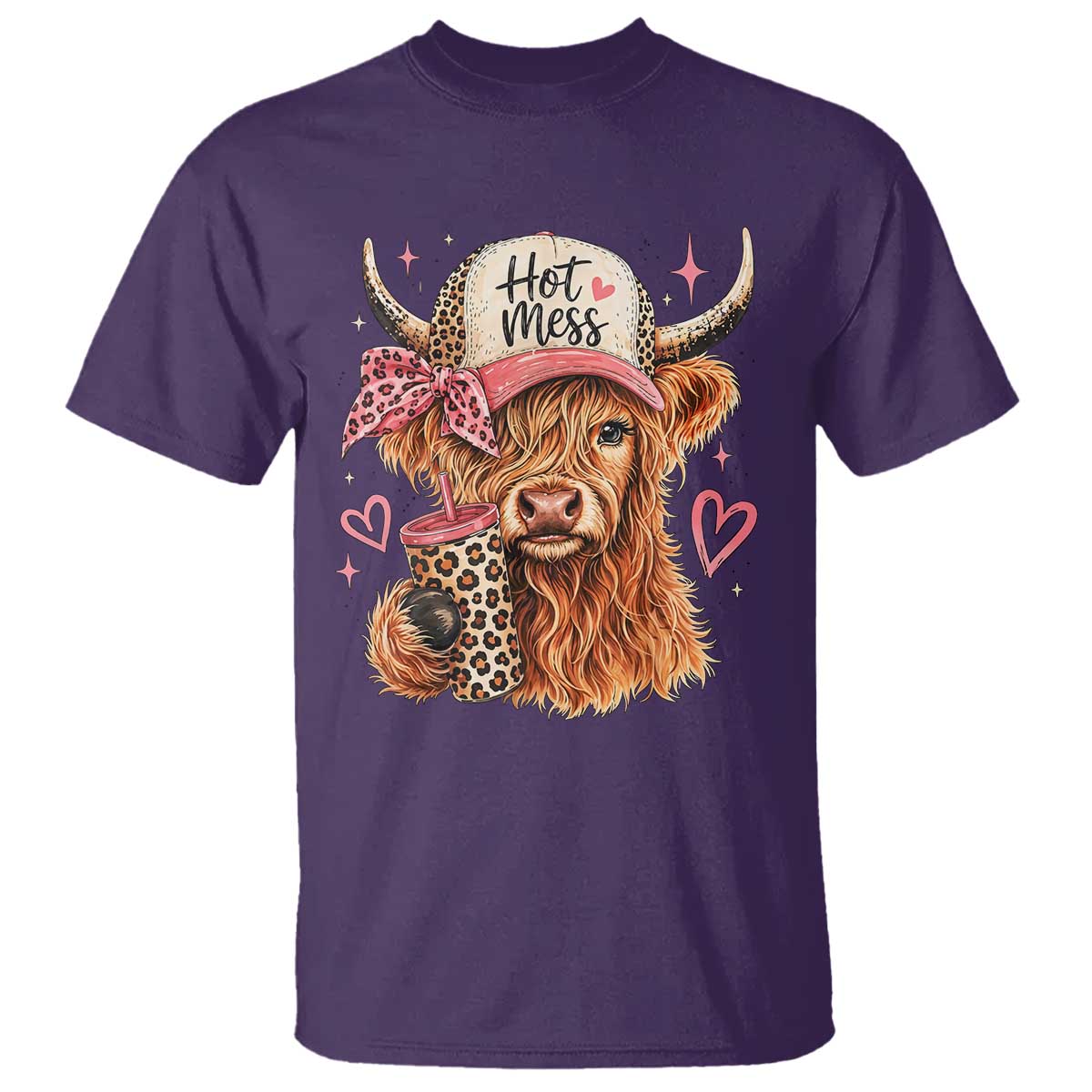 Hot Mess Highland Cow Pink Leopard Coquette T Shirt Cute Western Country Mom Life