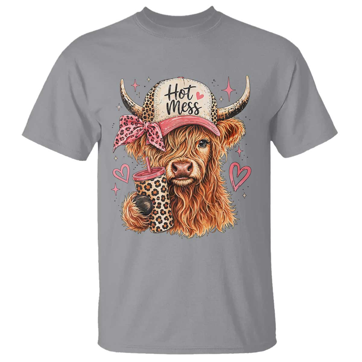 Hot Mess Highland Cow Pink Leopard Coquette T Shirt Cute Western Country Mom Life