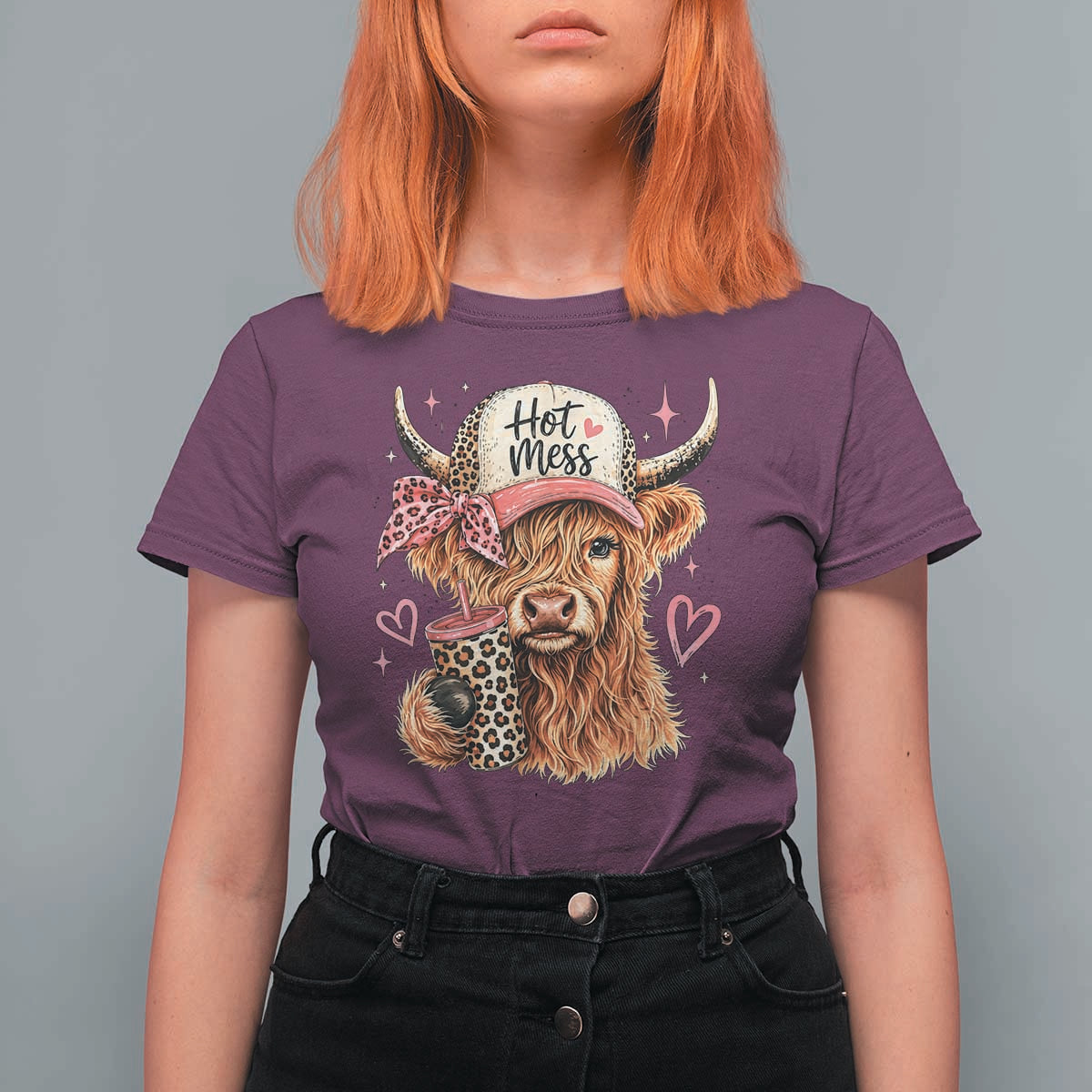 Hot Mess Highland Cow Pink Leopard Coquette T Shirt For Women Cute Western Country Mom Life