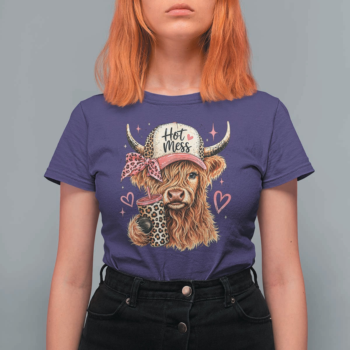 Hot Mess Highland Cow Pink Leopard Coquette T Shirt For Women Cute Western Country Mom Life