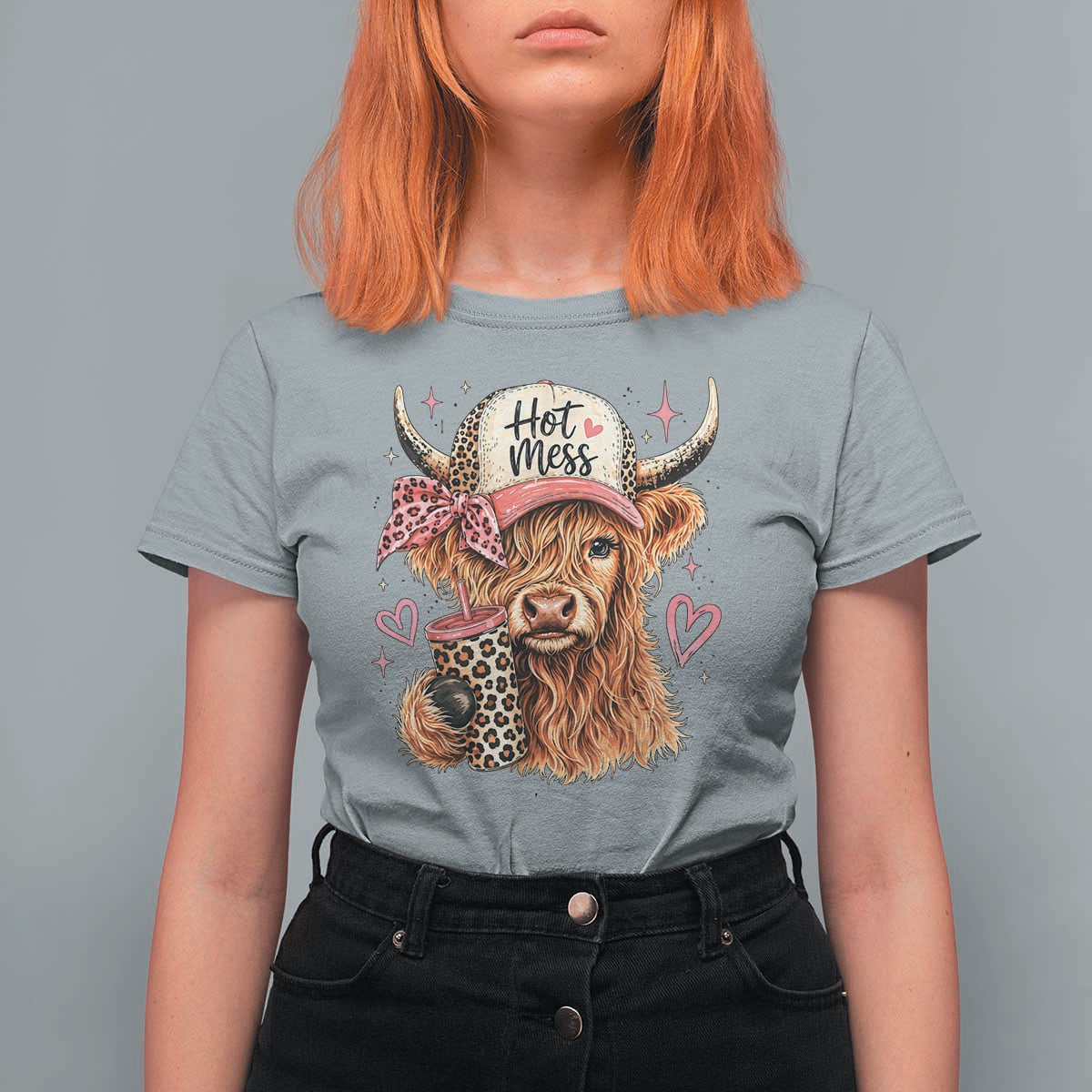 Hot Mess Highland Cow Pink Leopard Coquette T Shirt For Women Cute Western Country Mom Life