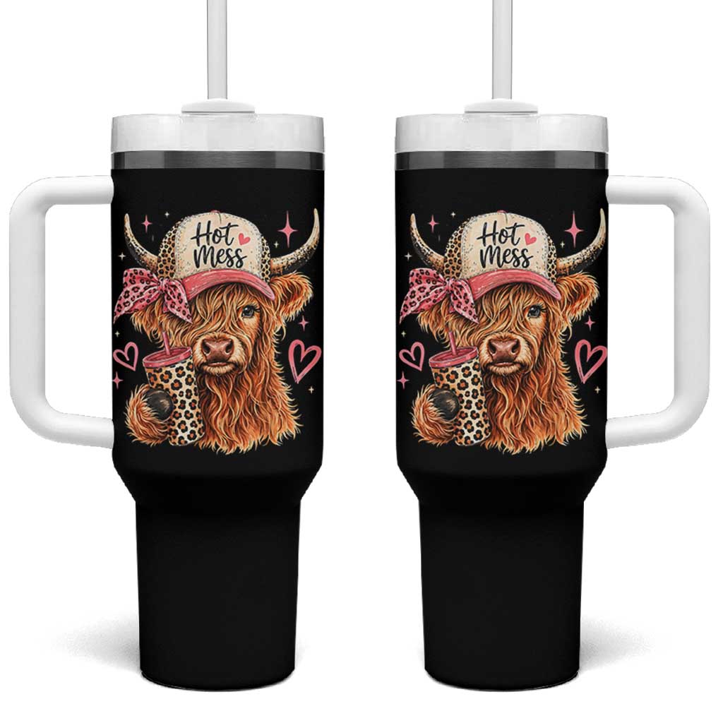 Hot Mess Highland Cow Pink Leopard Coquette Tumbler With Handle Cute Western Country Mom Life
