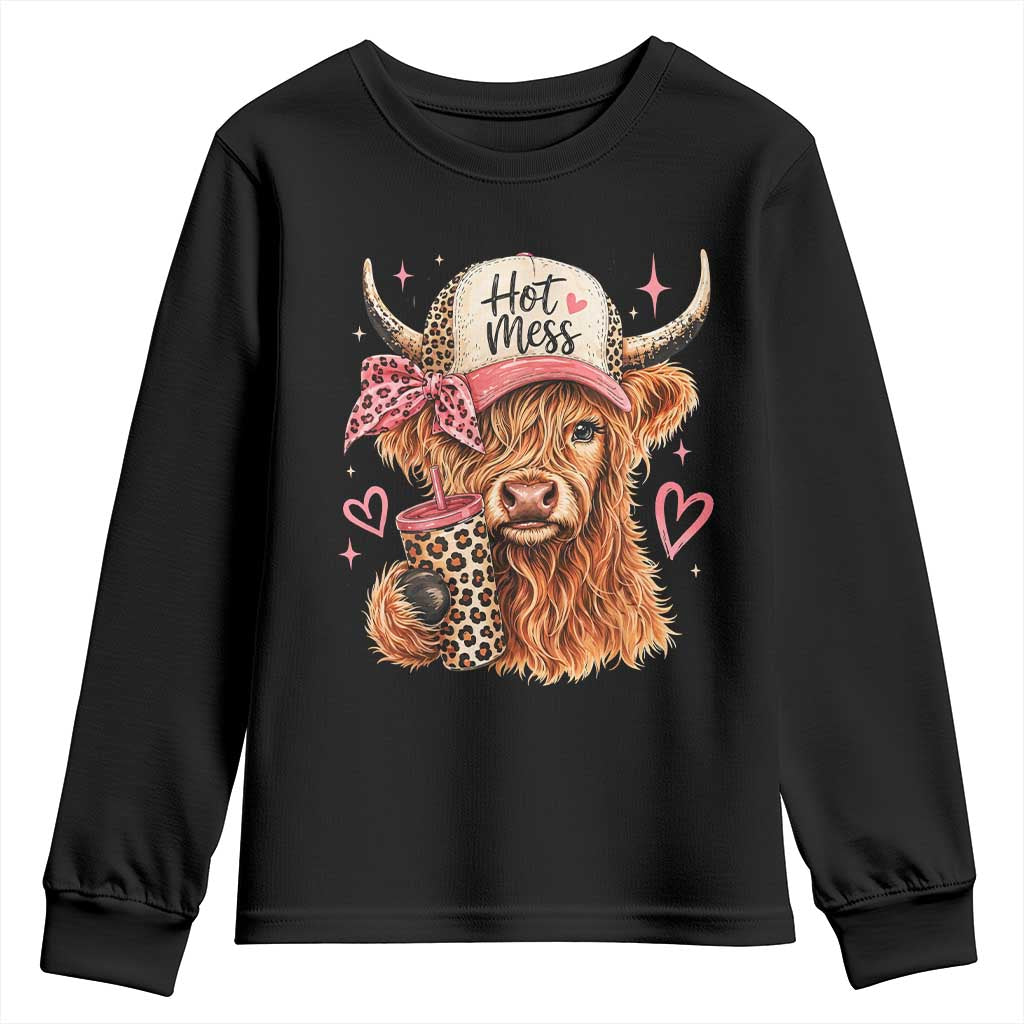 Hot Mess Highland Cow Pink Leopard Coquette Youth Sweatshirt Cute Western Country Mom Life