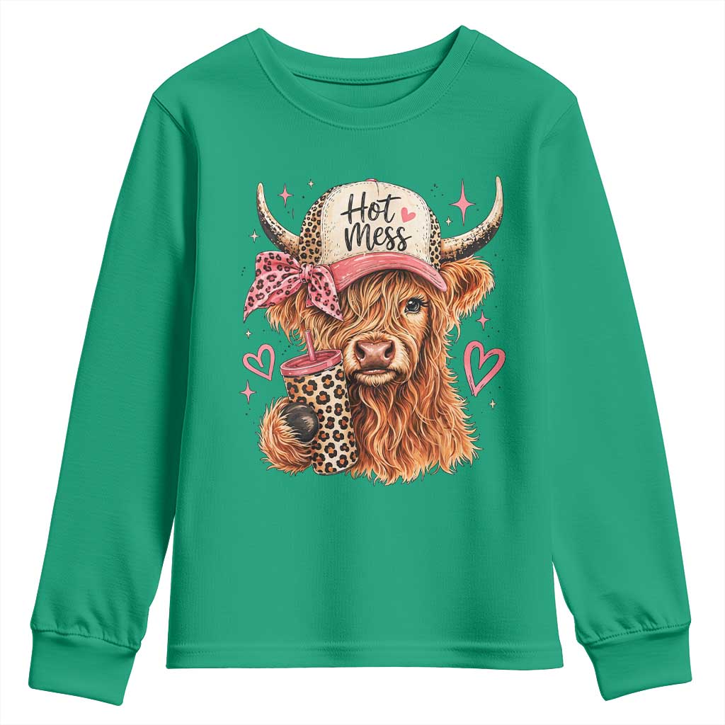 Hot Mess Highland Cow Pink Leopard Coquette Youth Sweatshirt Cute Western Country Mom Life