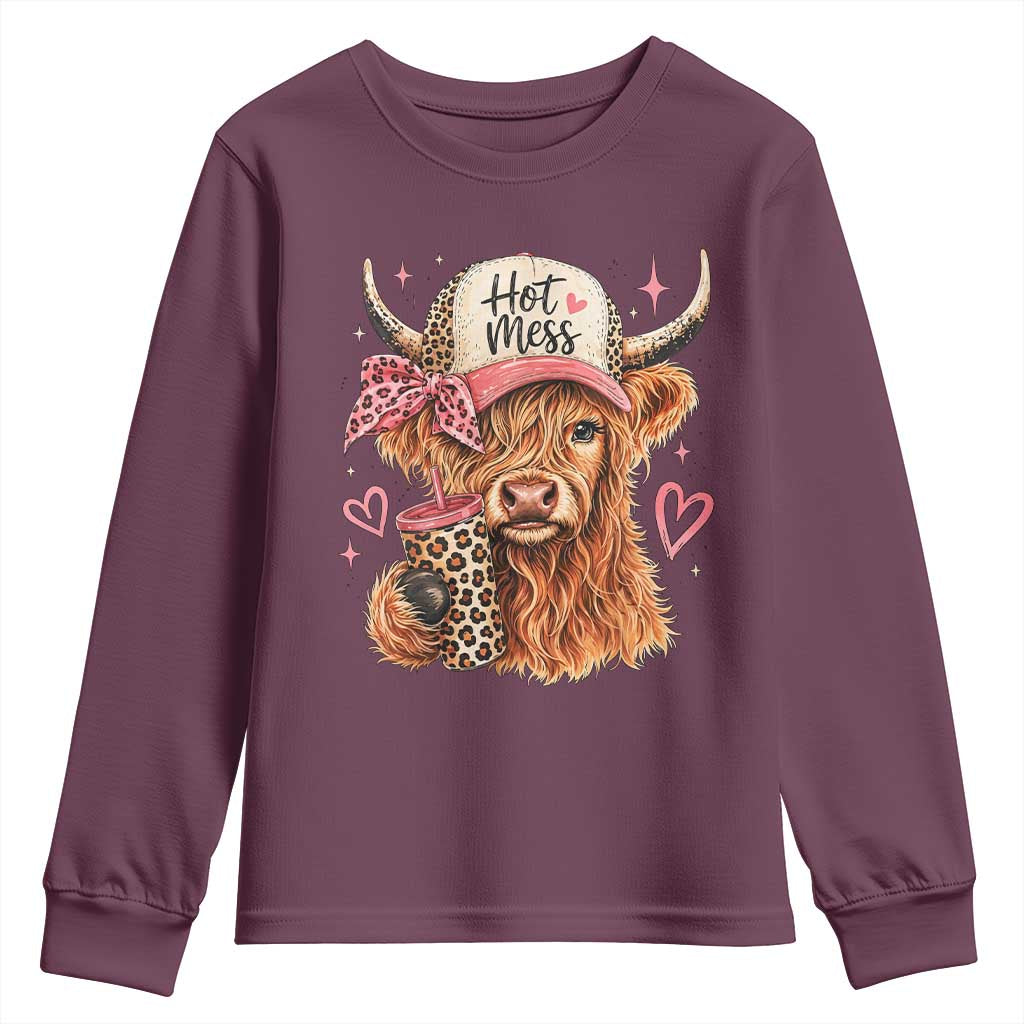 Hot Mess Highland Cow Pink Leopard Coquette Youth Sweatshirt Cute Western Country Mom Life