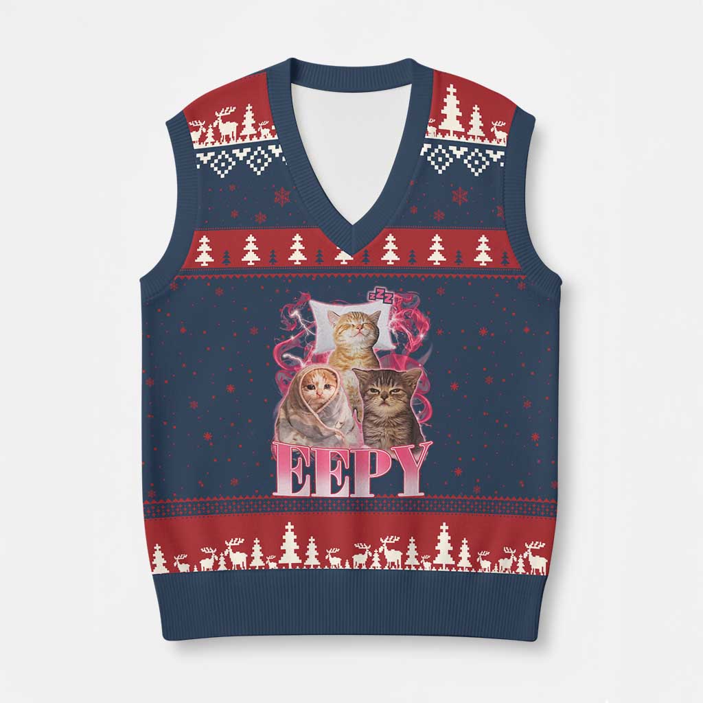 Eepy Sleepy Cats Y2K Bootleg Meme Graphic V-Neck Knit Sweater Vest Funny Internet Culture Humor