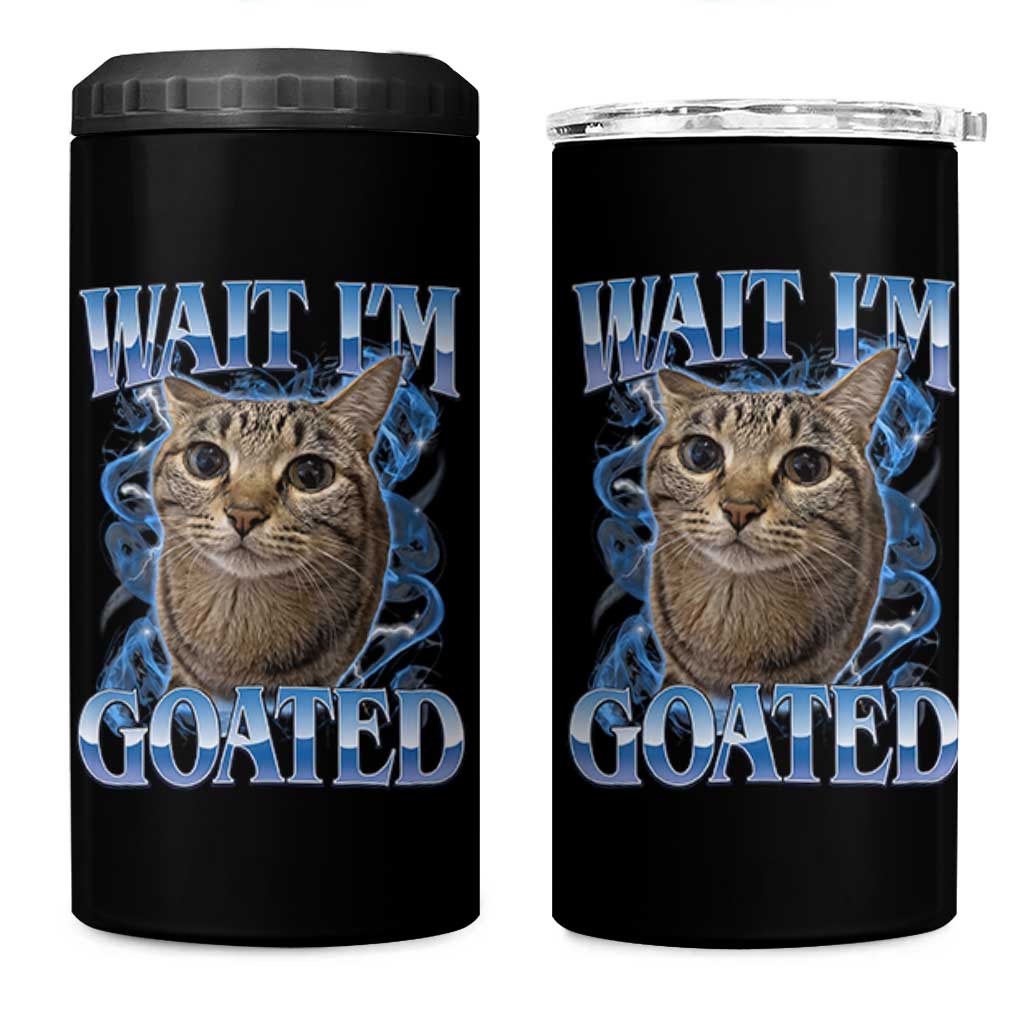 Funny Cat Blue Flame Y2K Bootleg Meme Graphic 4 in 1 Can Cooler Tumbler Wait Im Goated Retro Internet Culture Humor