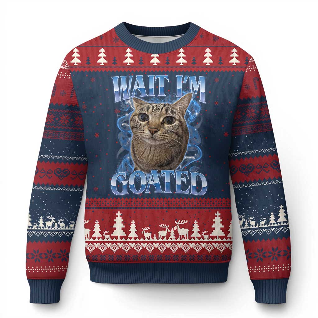 Funny Cat Blue Flame Y2K Bootleg Meme Graphic Ugly Christmas Sweater Wait Im Goated Retro Internet Culture Humor