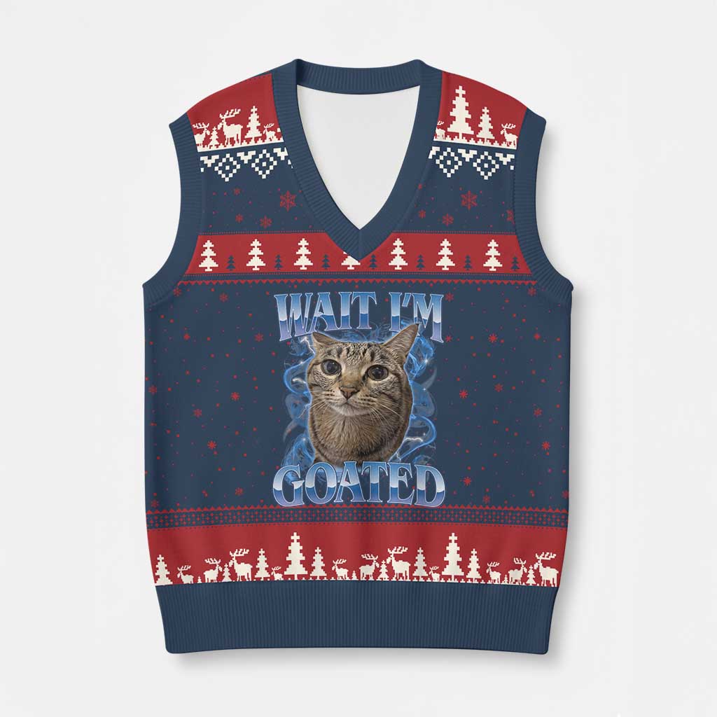 Funny Cat Blue Flame Y2K Bootleg Meme Graphic V-Neck Knit Sweater Vest Wait Im Goated Retro Internet Culture Humor