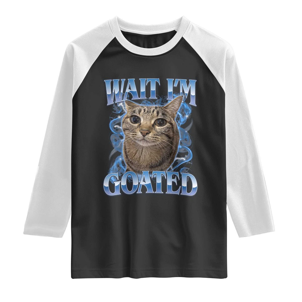 Funny Cat Blue Flame Y2K Bootleg Meme Graphic Raglan Shirt Wait Im Goated Retro Internet Culture Humor