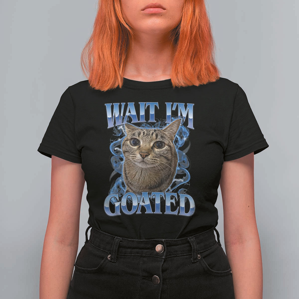 Funny Cat Blue Flame Y2K Bootleg Meme Graphic T Shirt For Women Wait Im Goated Retro Internet Culture Humor