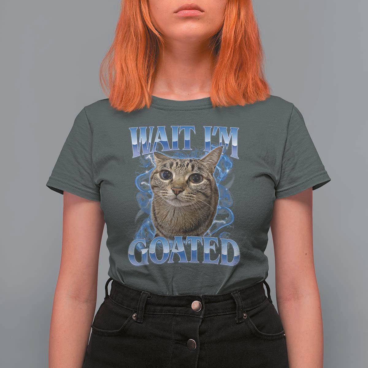Funny Cat Blue Flame Y2K Bootleg Meme Graphic T Shirt For Women Wait Im Goated Retro Internet Culture Humor