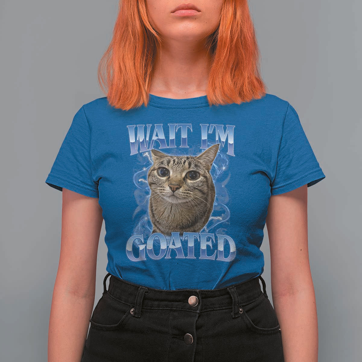Funny Cat Blue Flame Y2K Bootleg Meme Graphic T Shirt For Women Wait Im Goated Retro Internet Culture Humor