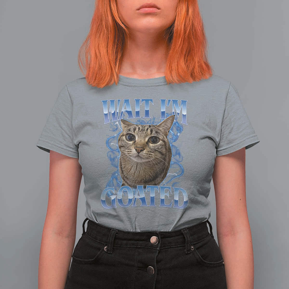 Funny Cat Blue Flame Y2K Bootleg Meme Graphic T Shirt For Women Wait Im Goated Retro Internet Culture Humor