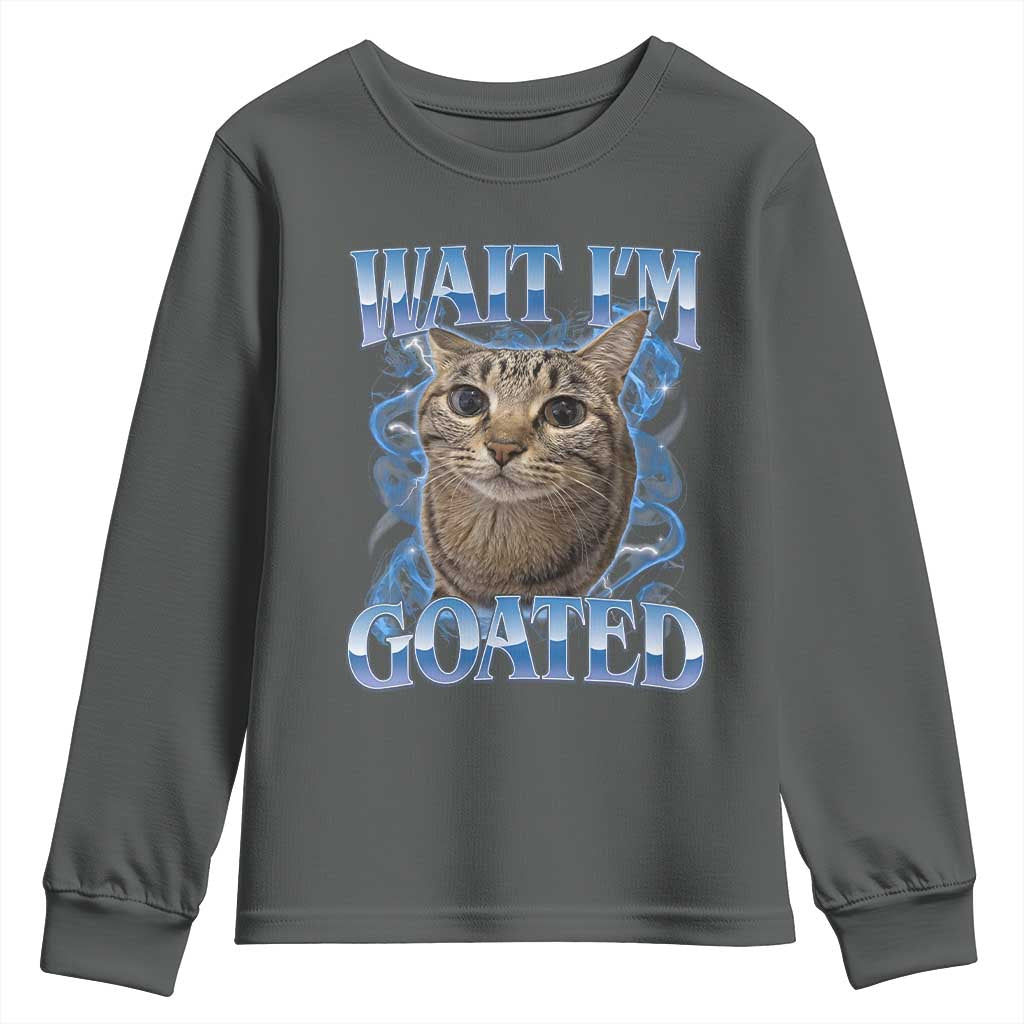 Funny Cat Blue Flame Y2K Bootleg Meme Graphic Youth Sweatshirt Wait Im Goated Retro Internet Culture Humor