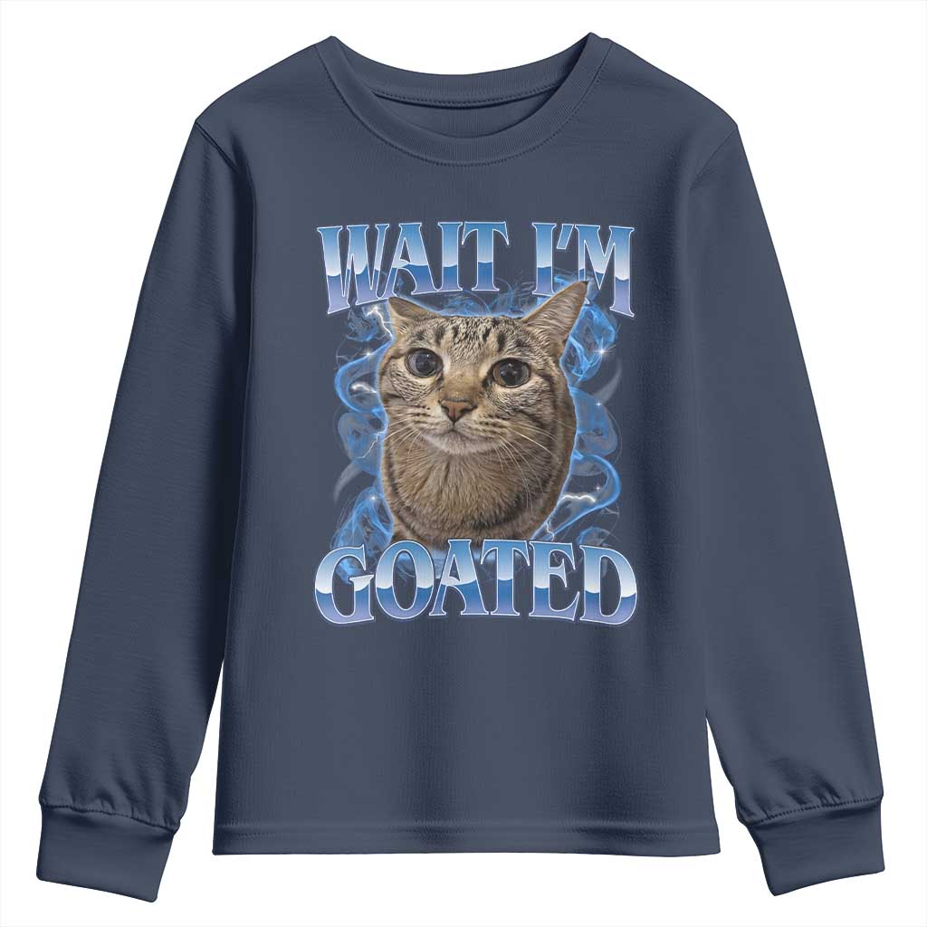 Funny Cat Blue Flame Y2K Bootleg Meme Graphic Youth Sweatshirt Wait Im Goated Retro Internet Culture Humor