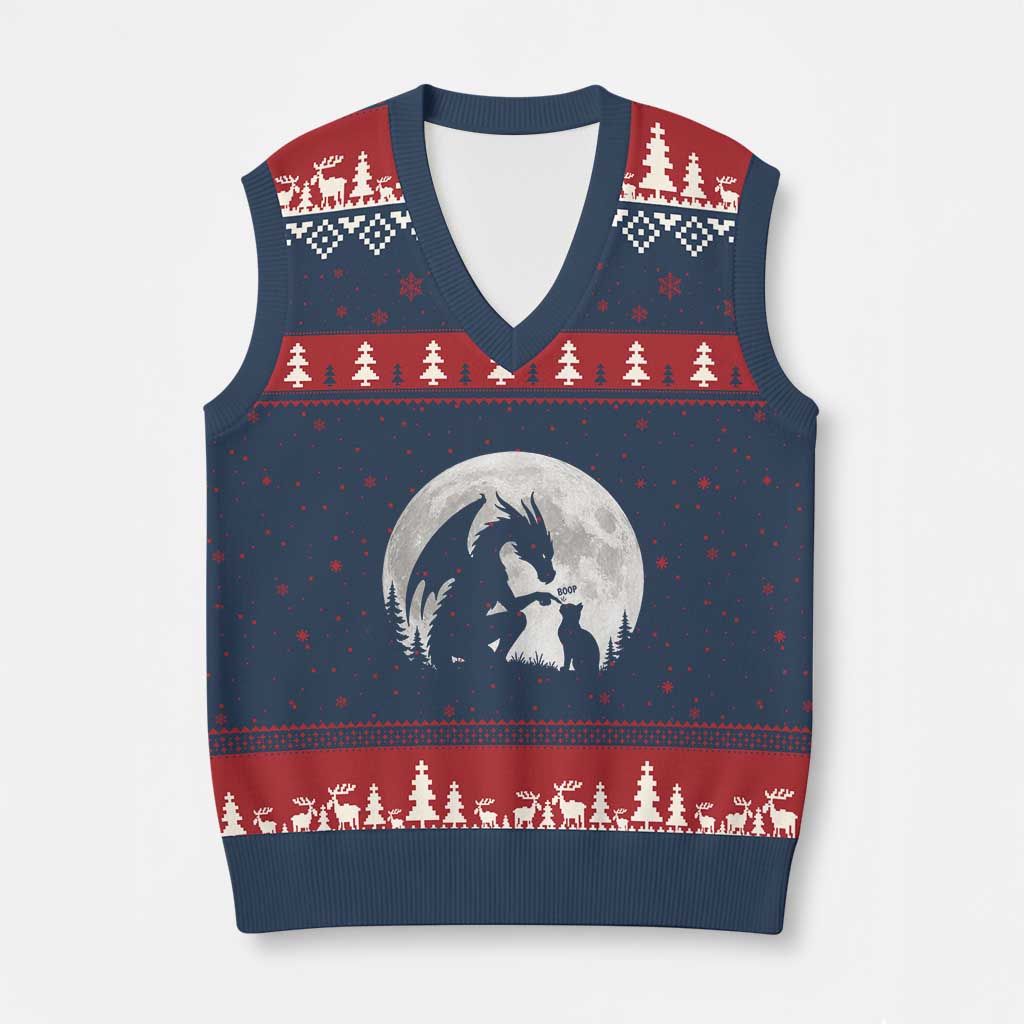 Dragon Boop Cat Full Moon Graphic V-Neck Knit Sweater Vest Cute Fantasy Animal RPG Gamers