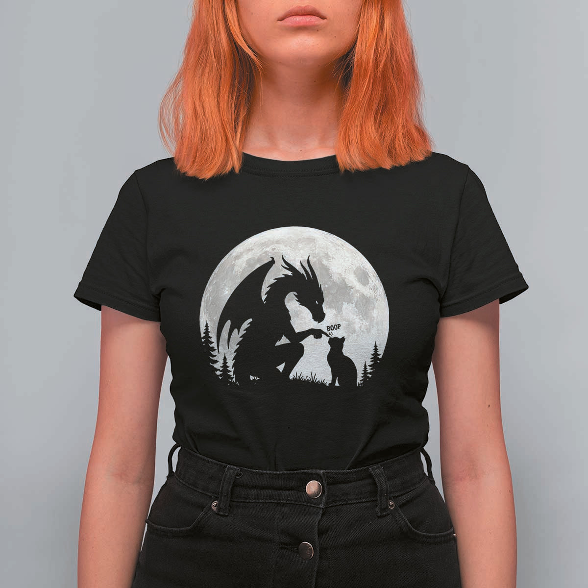 Dragon Boop Cat Full Moon Graphic T Shirt For Women Cute Fantasy Animal RPG Gamers
