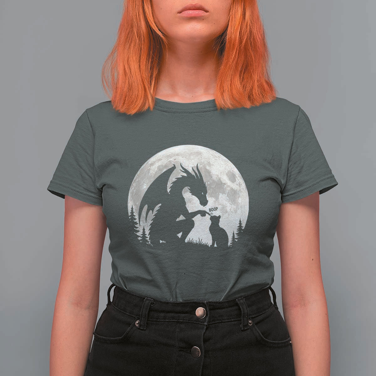 Dragon Boop Cat Full Moon Graphic T Shirt For Women Cute Fantasy Animal RPG Gamers