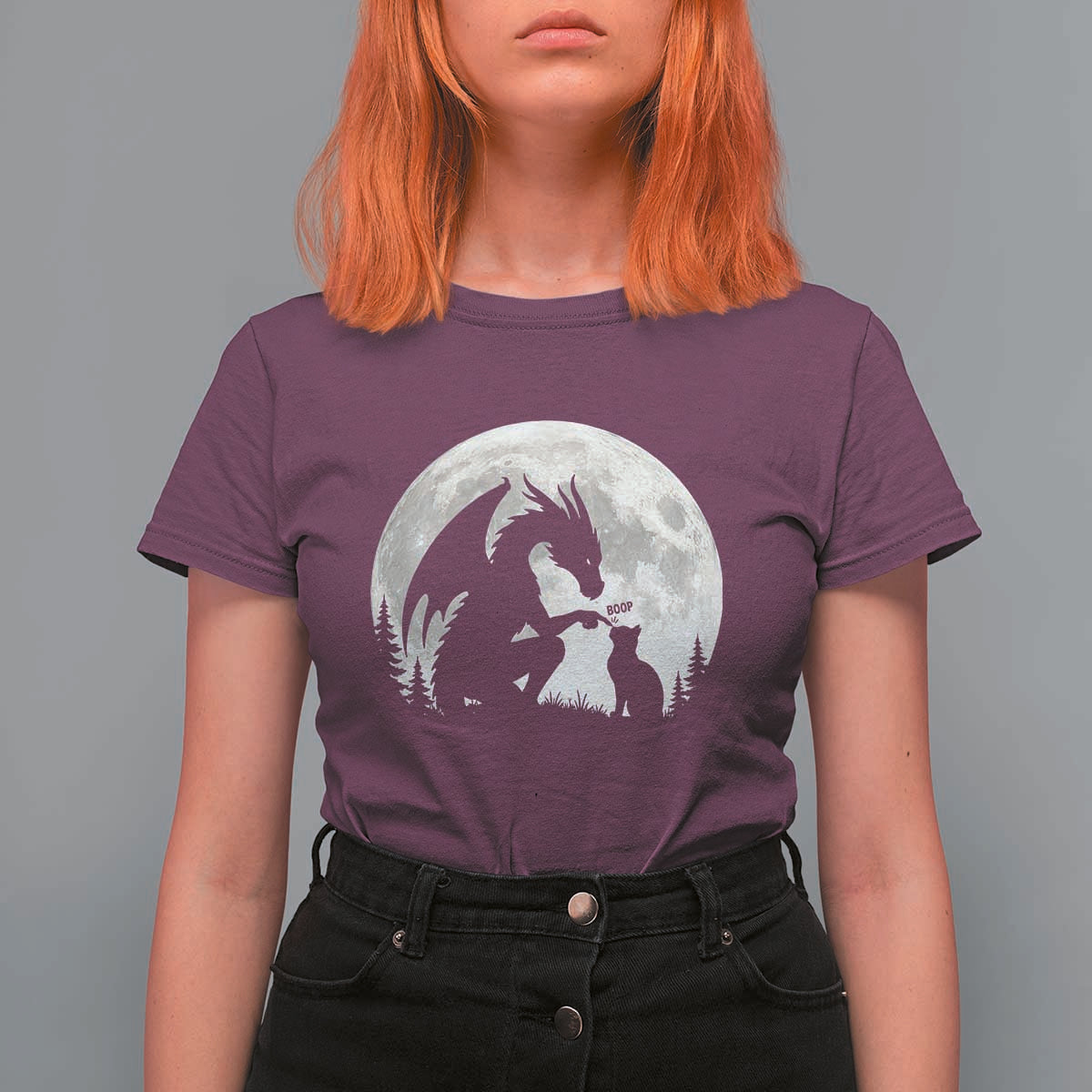 Dragon Boop Cat Full Moon Graphic T Shirt For Women Cute Fantasy Animal RPG Gamers