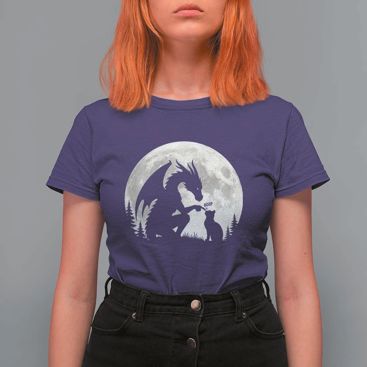 Dragon Boop Cat Full Moon Graphic T Shirt For Women Cute Fantasy Animal RPG Gamers