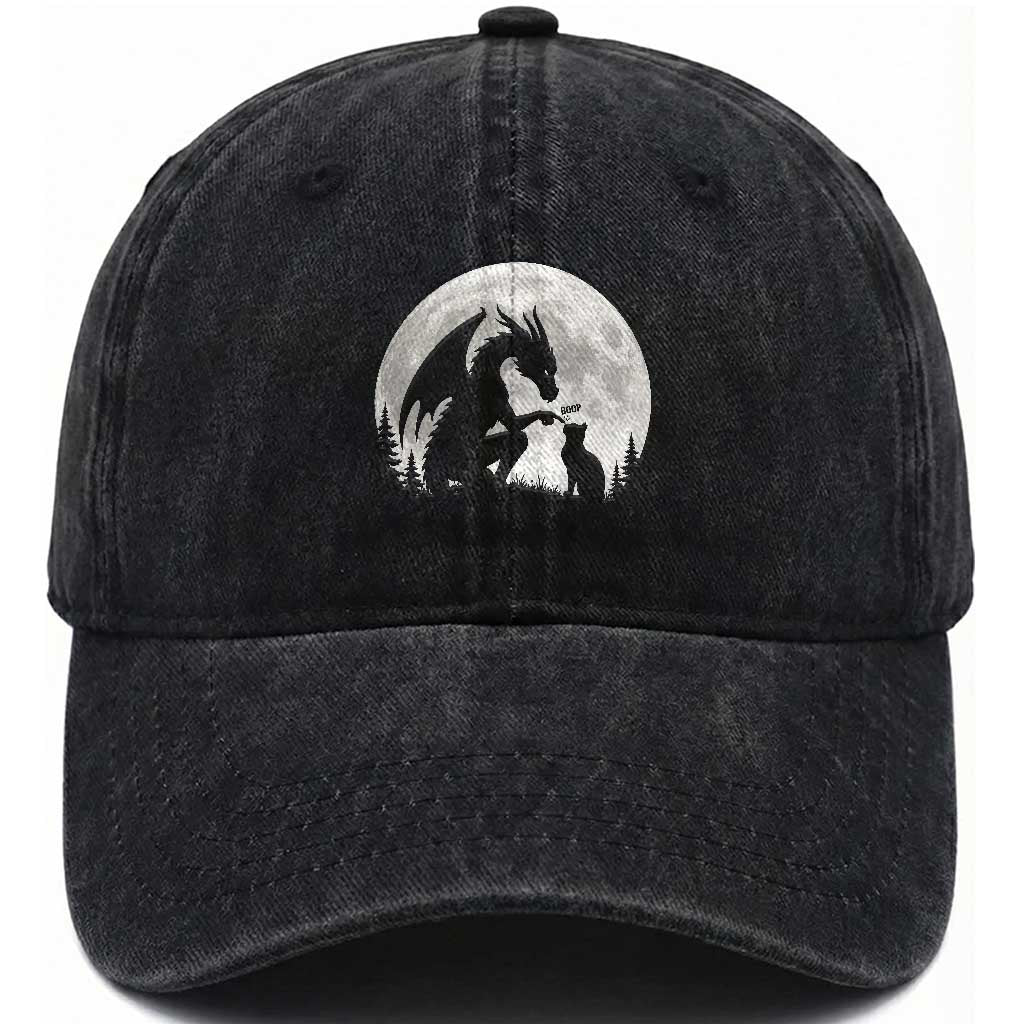 Dragon Boop Cat Full Moon Graphic Washed Cotton Baseball Cap Cute Fantasy Animal RPG Gamers