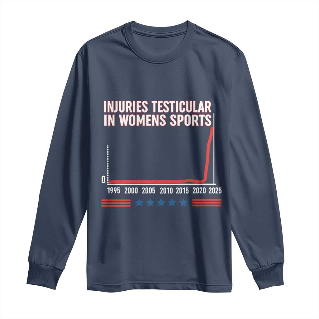 Testicular Injuries in Womens Sports Satirical Graphic Long Sleeve Shirt Dark Humor with Controversial Commentary - Wonder Print Shop