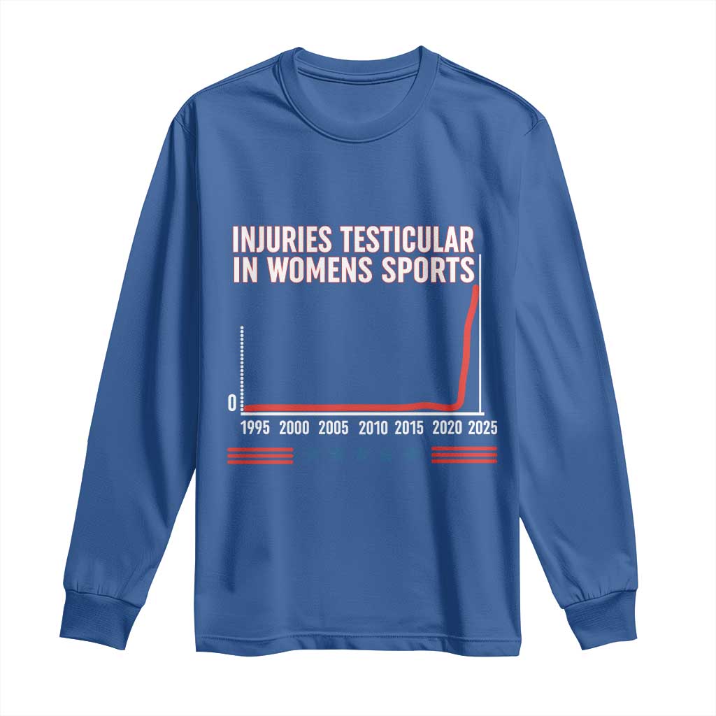 Testicular Injuries in Womens Sports Satirical Graphic Long Sleeve Shirt Dark Humor with Controversial Commentary - Wonder Print Shop