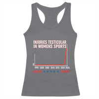 Testicular Injuries in Womens Sports Satirical Graphic Racerback Tank Top Dark Humor with Controversial Commentary - Wonder Print Shop