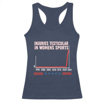 Testicular Injuries in Womens Sports Satirical Graphic Racerback Tank Top Dark Humor with Controversial Commentary - Wonder Print Shop