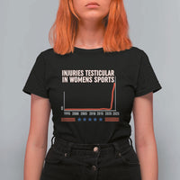 Testicular Injuries in Womens Sports Satirical Graphic T Shirt For Women Dark Humor with Controversial Commentary - Wonder Print Shop