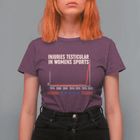 Testicular Injuries in Womens Sports Satirical Graphic T Shirt For Women Dark Humor with Controversial Commentary - Wonder Print Shop