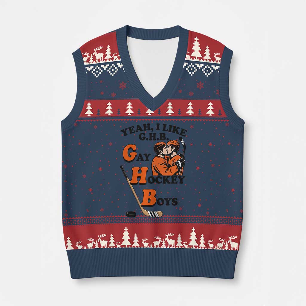 Yeah I Like GHB Gay Hockey Boys V-Neck Knit Sweater Vest LGBTQ Pride Hockey Fan - Wonder Print Shop