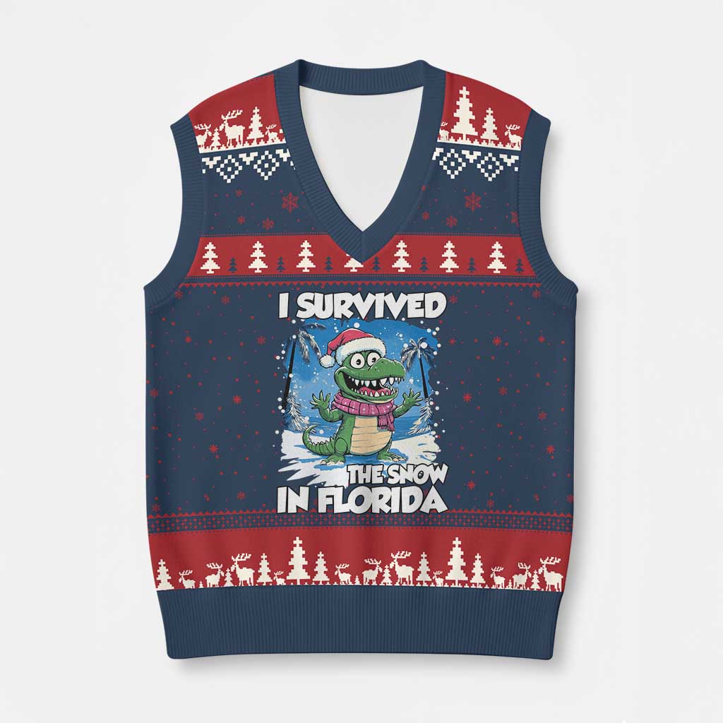 I Survived The Snow In Florida V-Neck Knit Sweater Vest Funny Crocodile - Wonder Print Shop