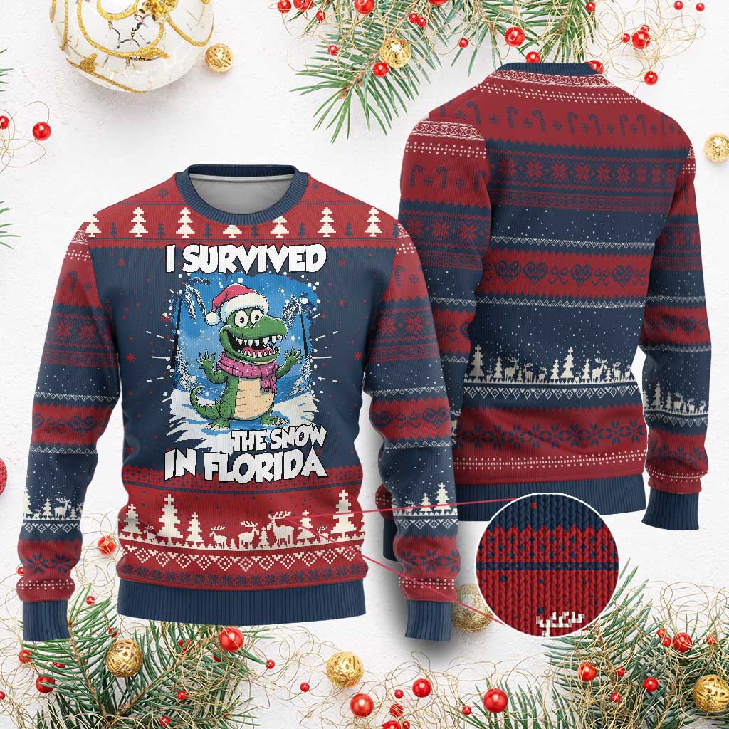 I Survived The Snow In Florida Knitted Sweatshirt Funny Crocodile