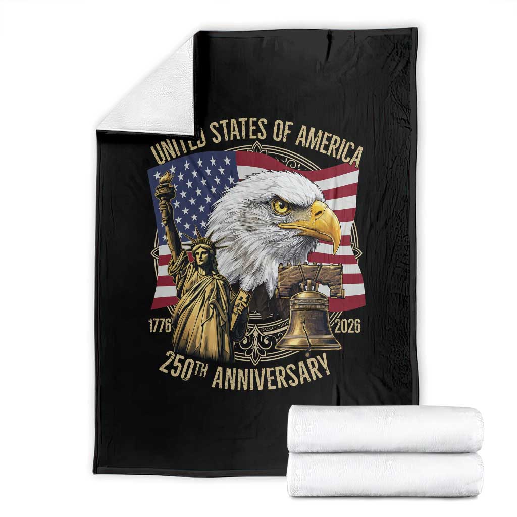 USA 250th Anniversary 1776 2026 4th of July Throw Blanket Patriotic Eagle Liberty Bell Statue of Liberty Graphic