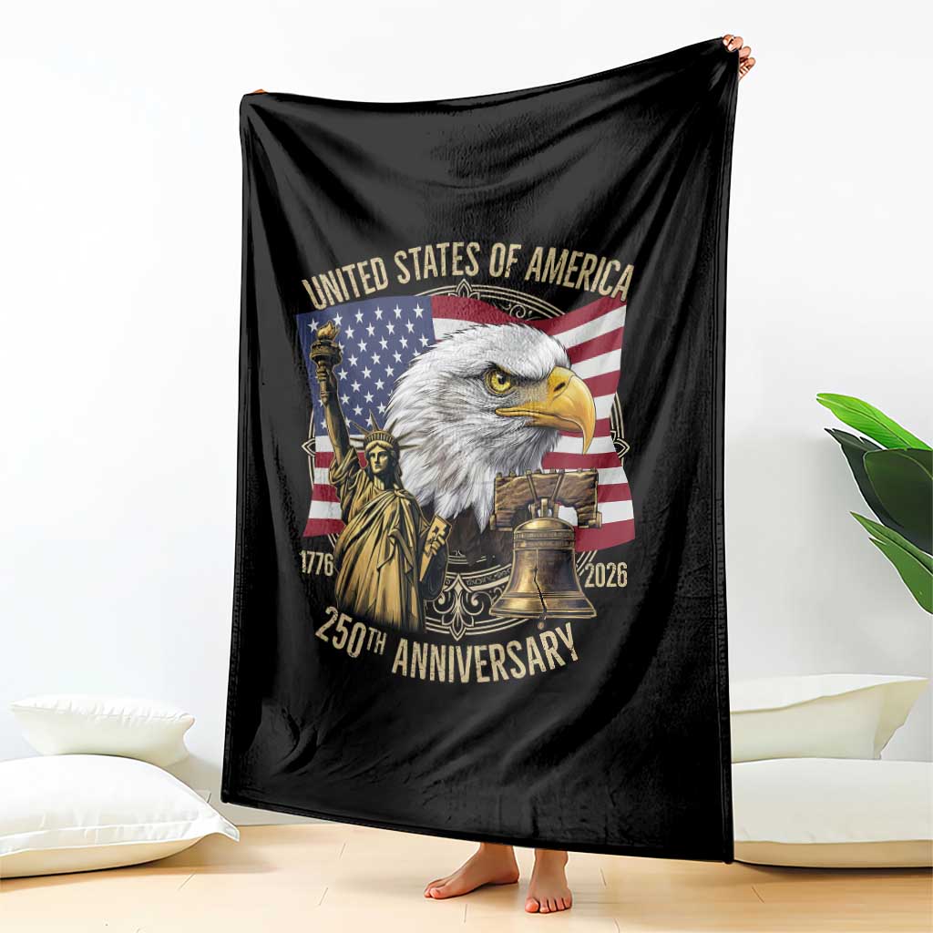 USA 250th Anniversary 1776 2026 4th of July Throw Blanket Patriotic Eagle Liberty Bell Statue of Liberty Graphic