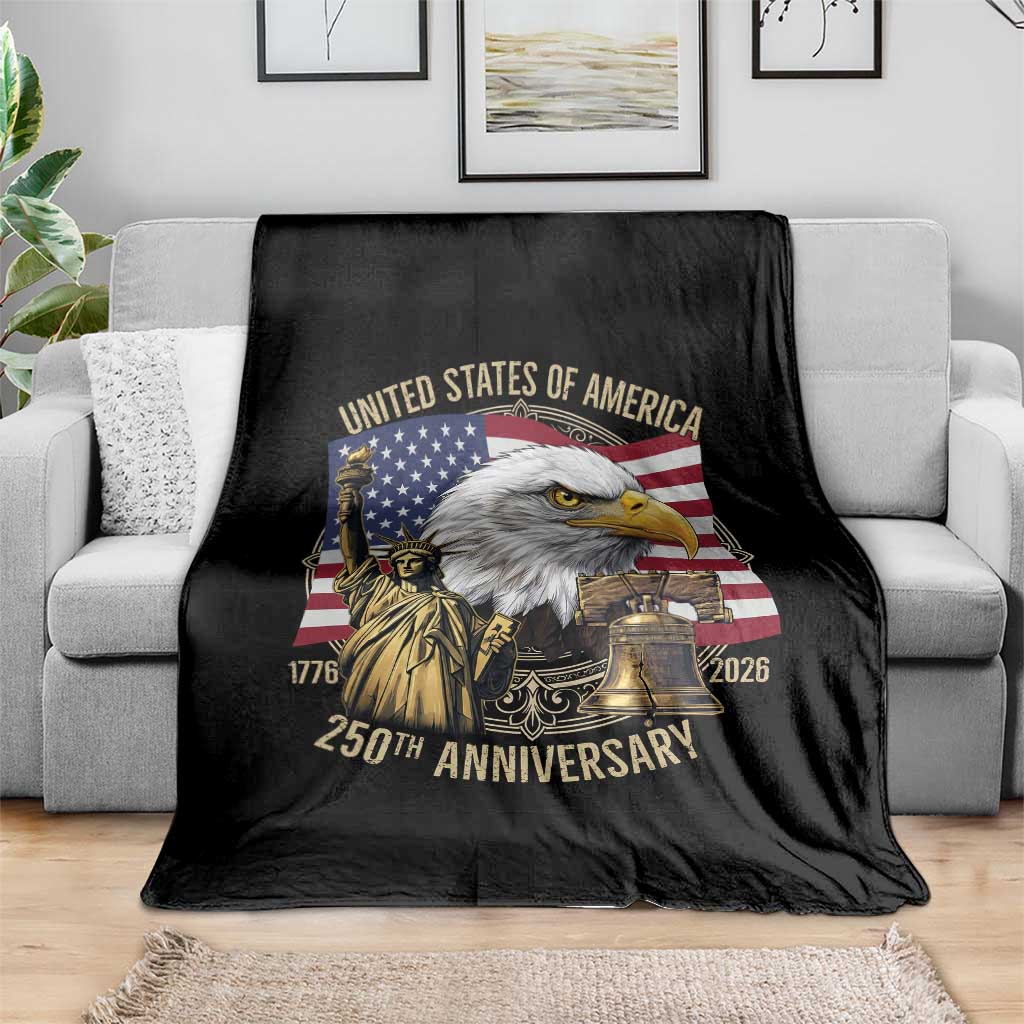 USA 250th Anniversary 1776 2026 4th of July Throw Blanket Patriotic Eagle Liberty Bell Statue of Liberty Graphic