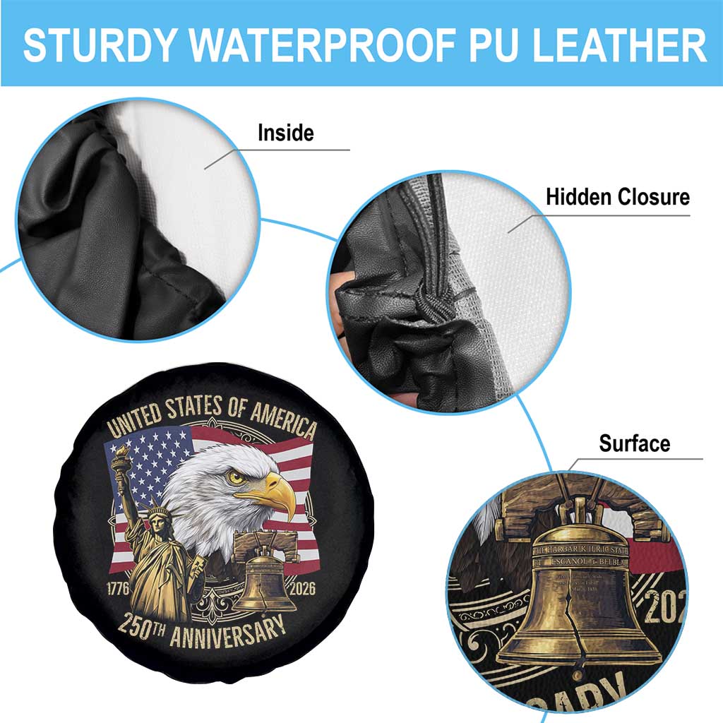 USA 250th Anniversary 1776 2026 4th of July Spare Tire Cover Patriotic Eagle Liberty Bell Statue of Liberty Graphic