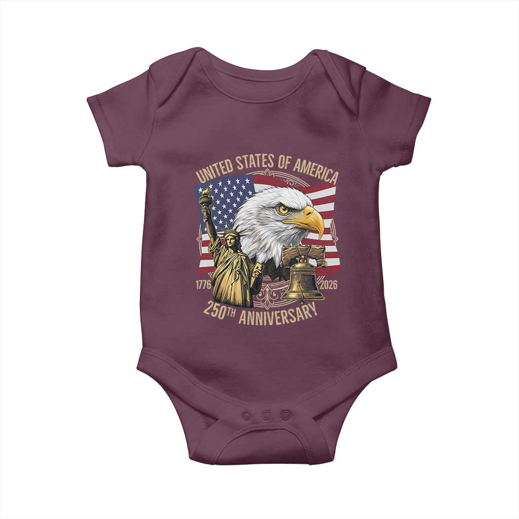 USA 250th Anniversary 1776 2026 4th of July Baby Onesie Patriotic Eagle Liberty Bell Statue of Liberty Graphic