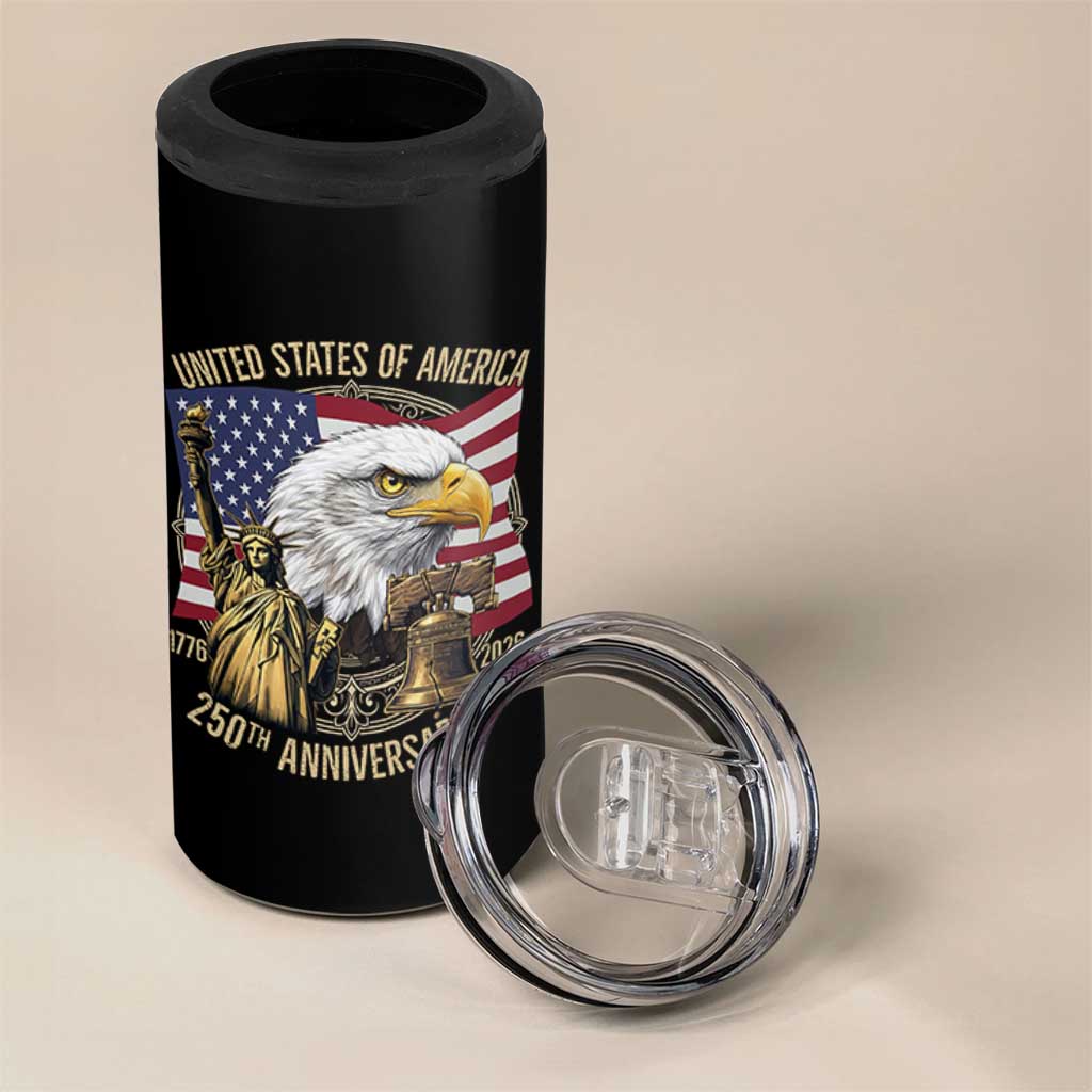 USA 250th Anniversary 1776 2026 4th of July 4 in 1 Can Cooler Tumbler Patriotic Eagle Liberty Bell Statue of Liberty Graphic