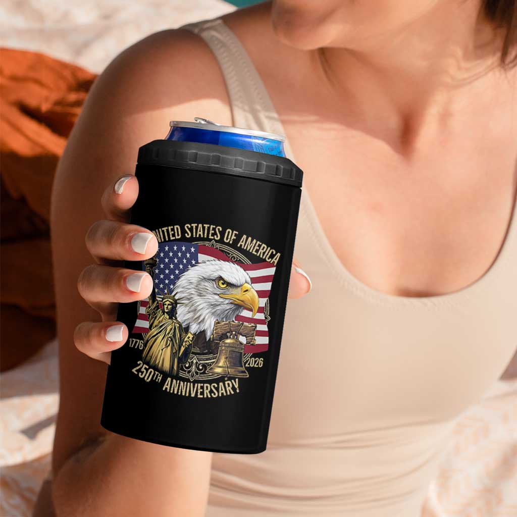 USA 250th Anniversary 1776 2026 4th of July 4 in 1 Can Cooler Tumbler Patriotic Eagle Liberty Bell Statue of Liberty Graphic
